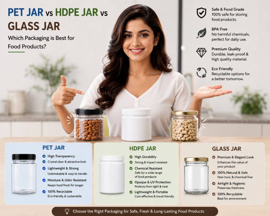 Difference Between PET Jars, HDPE Jars and Glass Jars for Food Packaging.